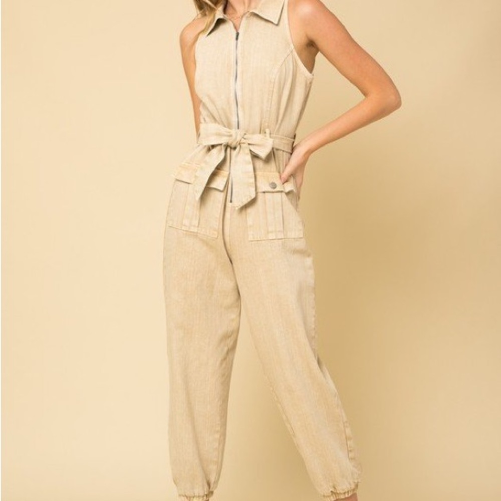 Tan Acid Wash Denim Jumpsuit